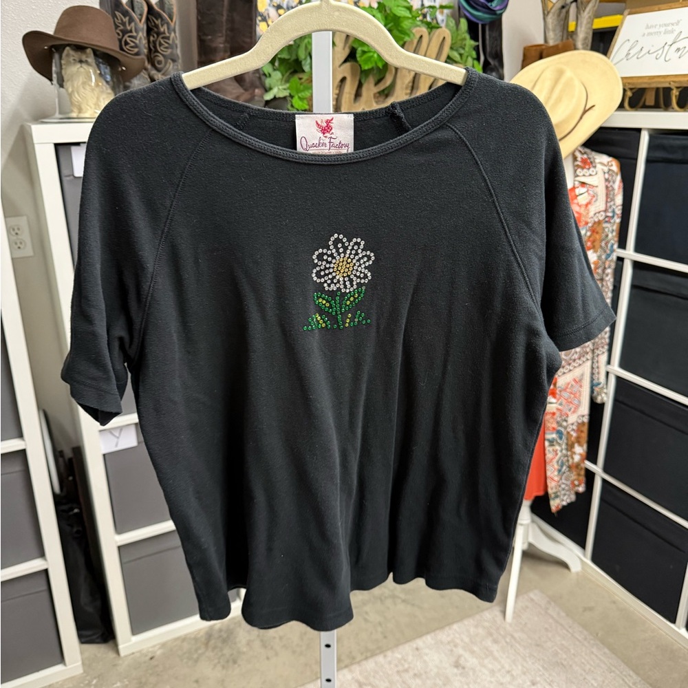 Quacker Factory Black Short-Sleeve Rhinestone Embellished Daisy Top Baby Tee